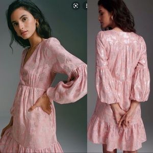 NWT Anthropologie Light Pink Silver Ruffe Balloon Sleeve Dress S/M